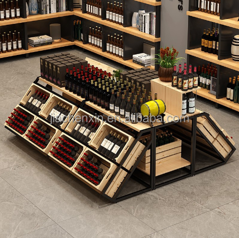 Shelving Supplies Metal Wine Storage Display Wine Rack Shelves Wall Mounted Liquor Store Wine Display Cabinet