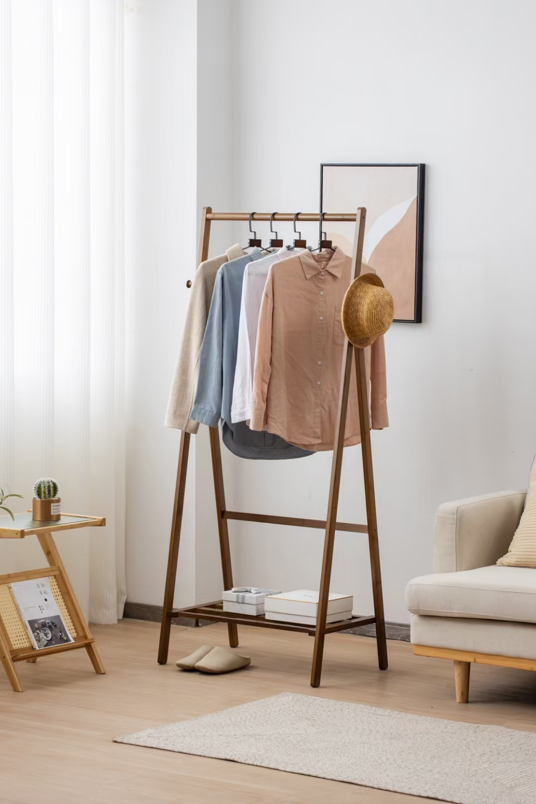 simple easy install standing bamboo coat rack with a mirror