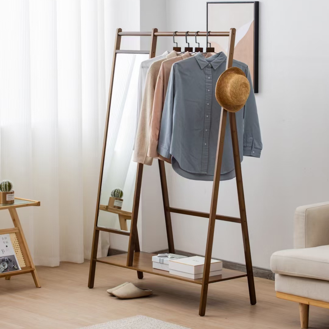 simple easy install standing bamboo coat rack with a mirror