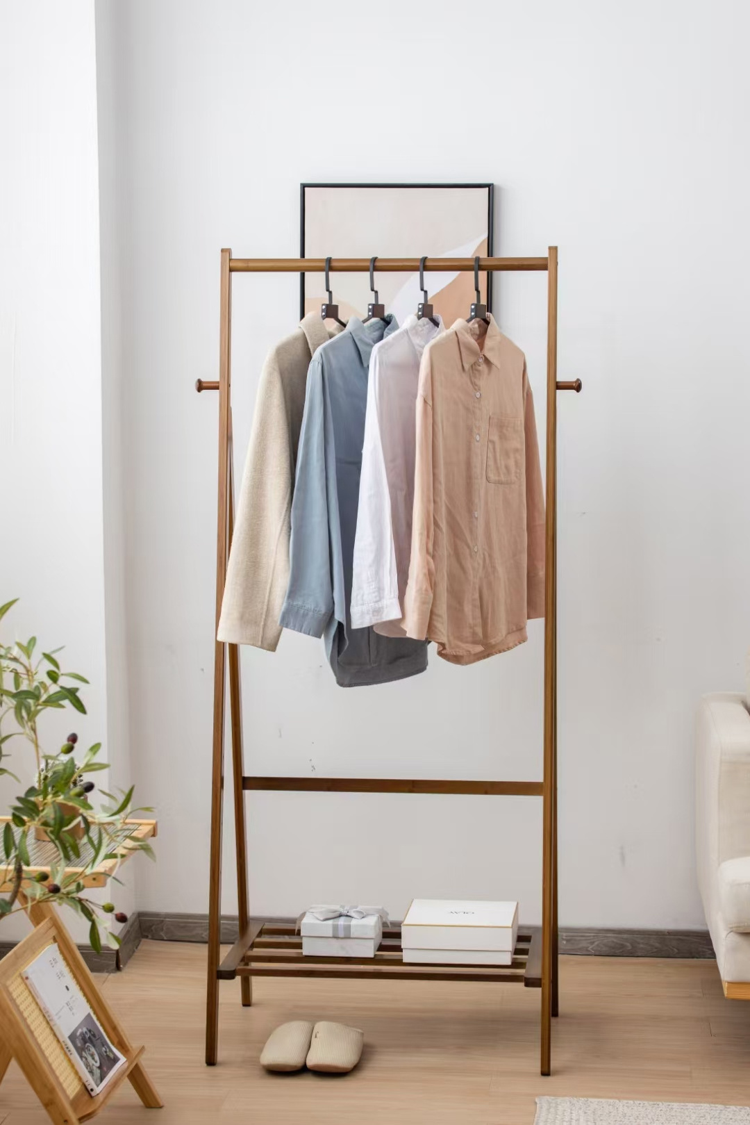 simple easy install standing bamboo coat rack with a mirror