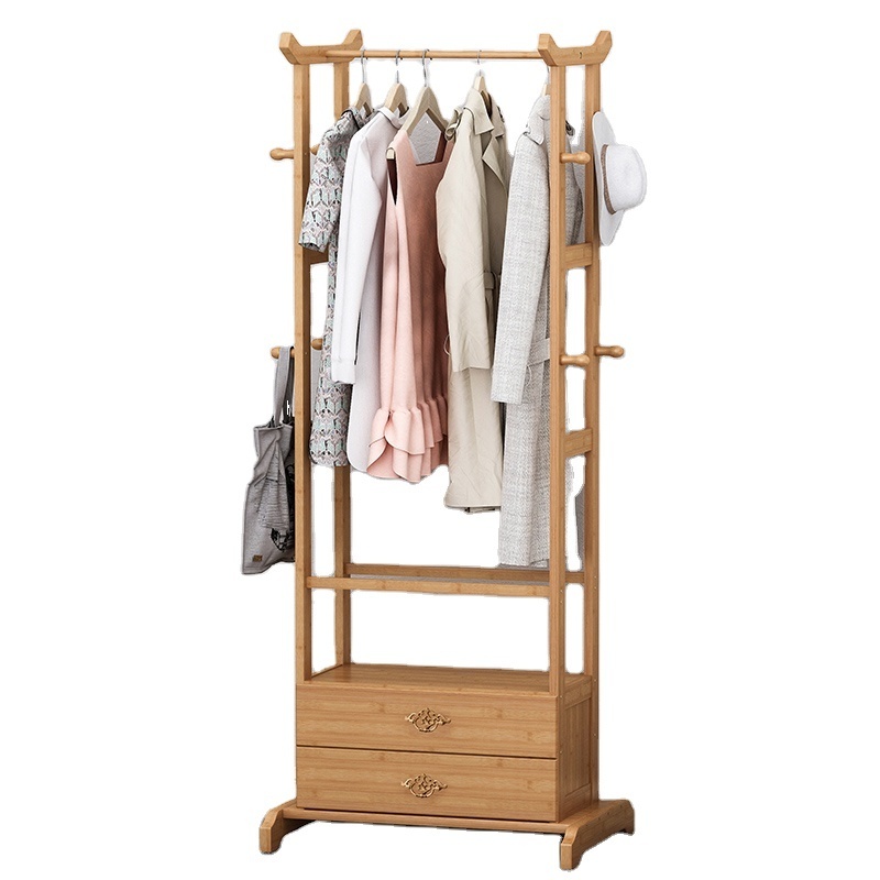 Bamboo Modern Simple Bedroom Multi-functional Clothes Hanging Shelf Bedroom Clothes Rack with Drawers