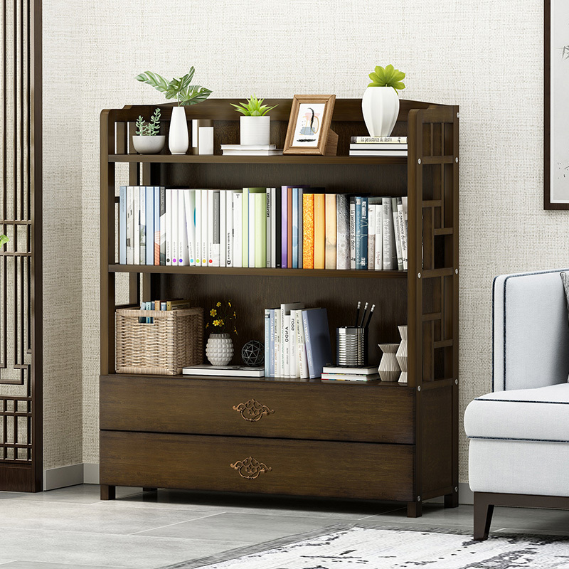 Multi Layered Bookshelf Storage Shelves Open Bookshelf with Double Drawer