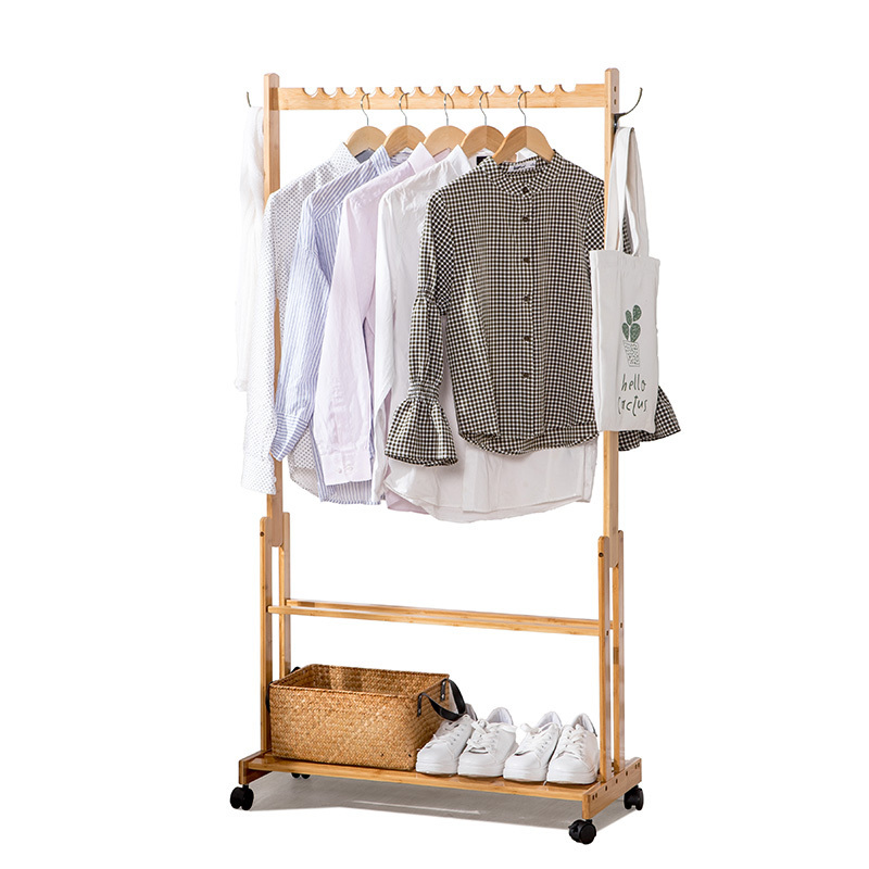 Adjustable Space Saving Luxury Clothing Coat Hanger Bamboo Clothes Rack Stand with Wheels