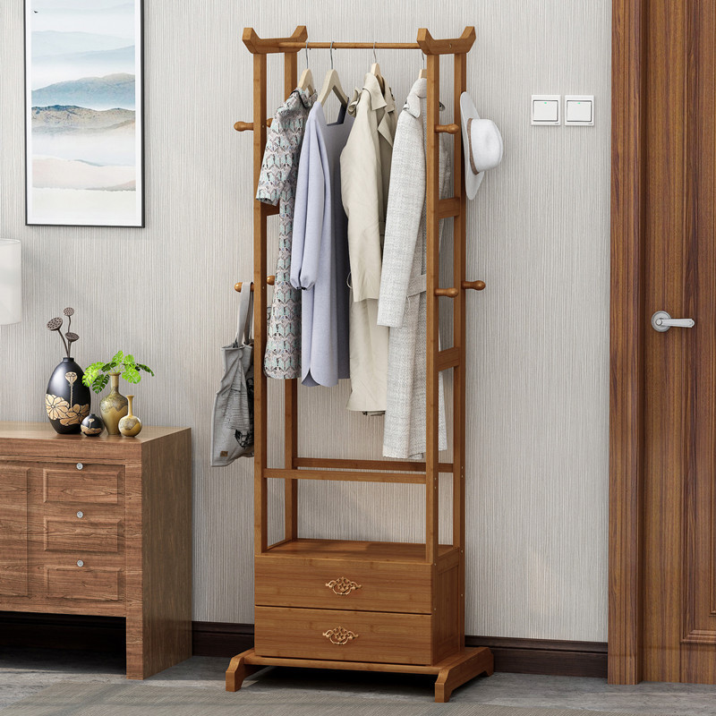 Bamboo Modern Simple Bedroom Multi-functional Clothes Hanging Shelf Bedroom Clothes Rack with Drawers