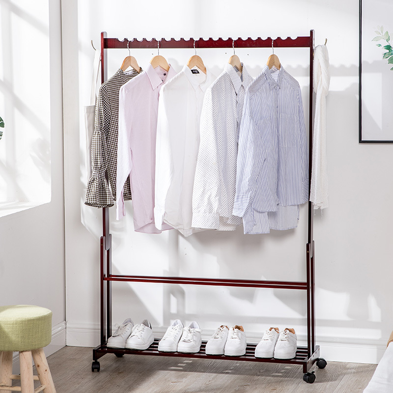 Adjustable Space Saving Luxury Clothing Coat Hanger Bamboo Clothes Rack Stand with Wheels