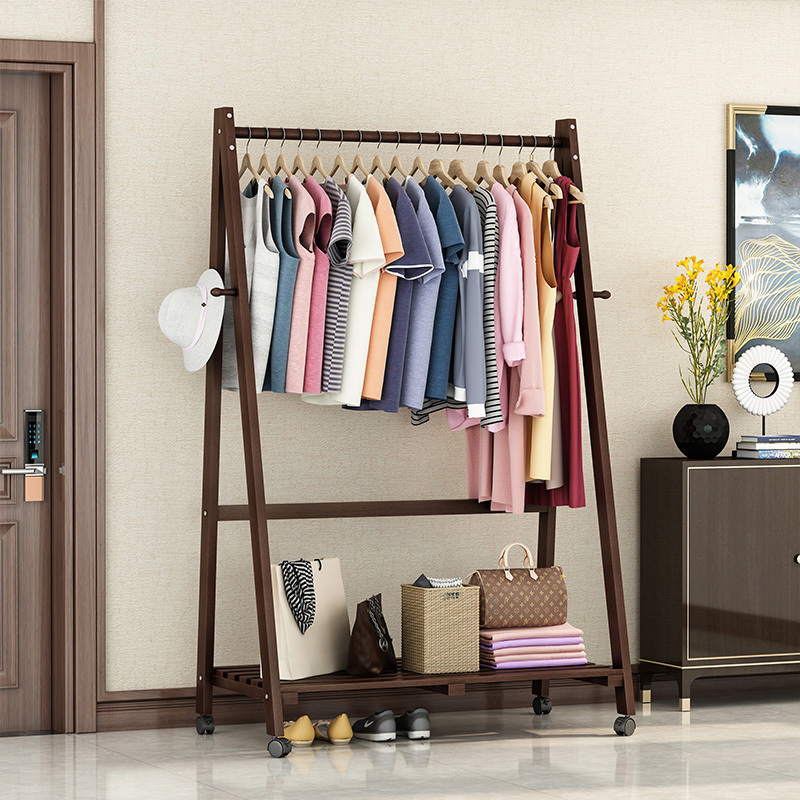 New Arrival Wooden Clothing Organizer Hat Tree Storage Shelves Garment Rolling Coat Rack with Wheels