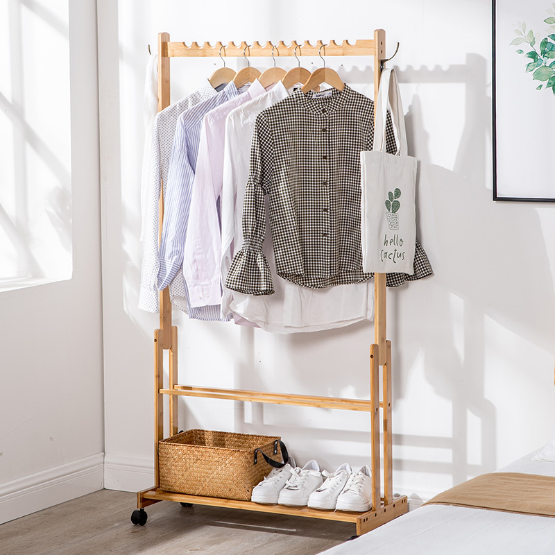 Adjustable Space Saving Luxury Clothing Coat Hanger Bamboo Clothes Rack Stand with Wheels