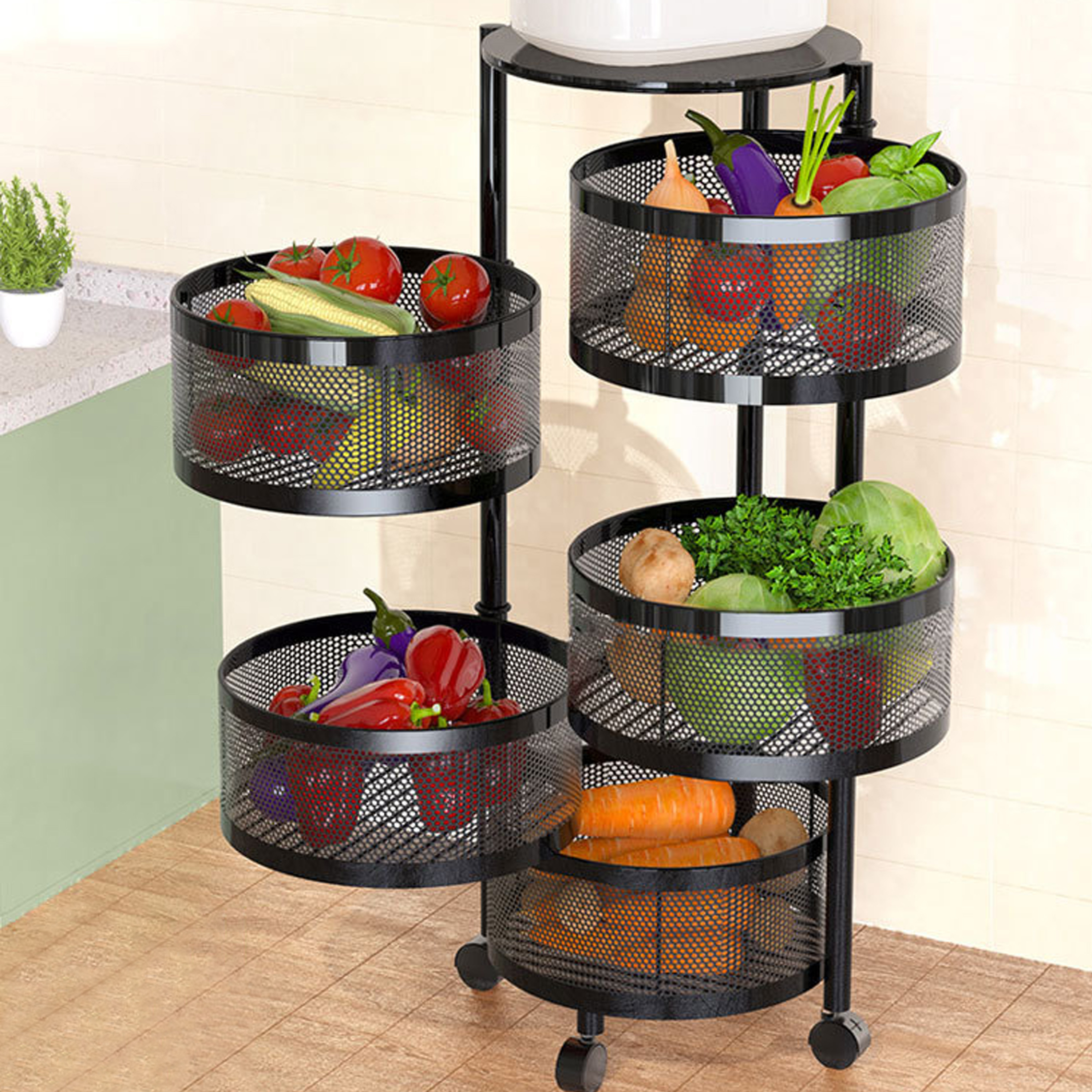 5 Tier Metal Storage Rack for Kitchen Accessories - Sturdy Fruit Basket, Storage Holders & Racks, Kitchen Shelf Carton Iron