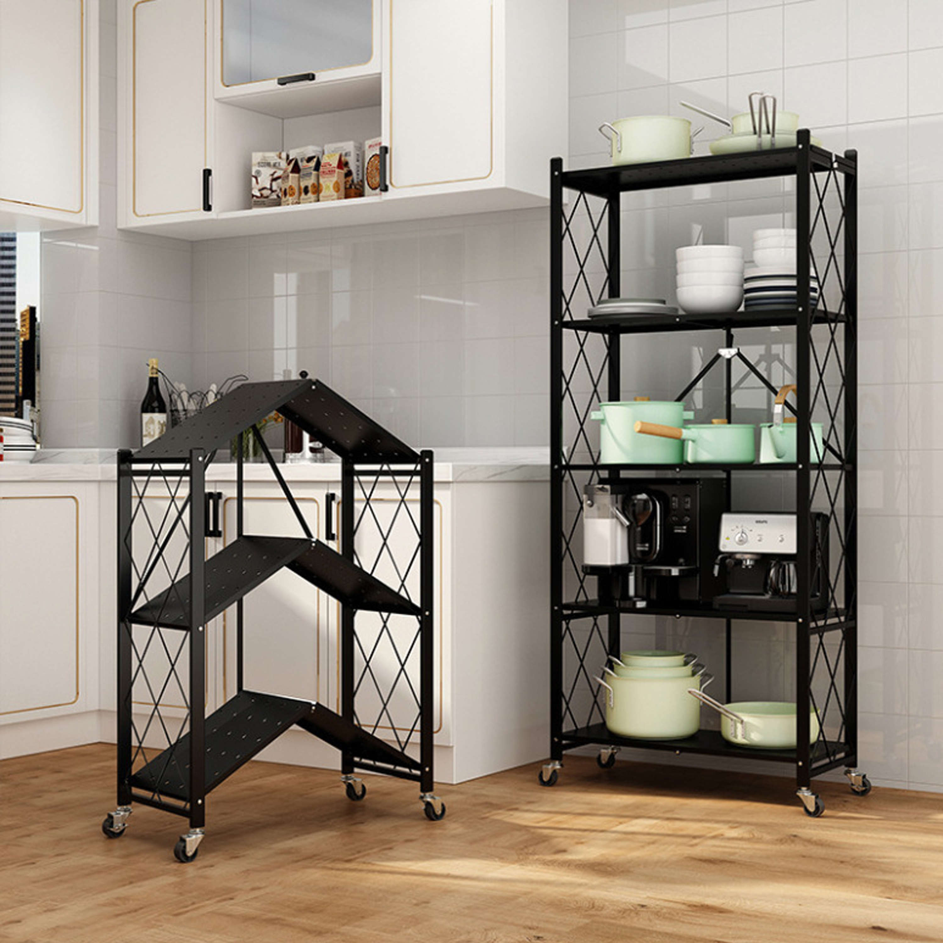 Movable Garage Wire Shelving Units Foldable Storage Shelves Paper Box Kitchen IRON No Assemble Required Metal Black 8000g