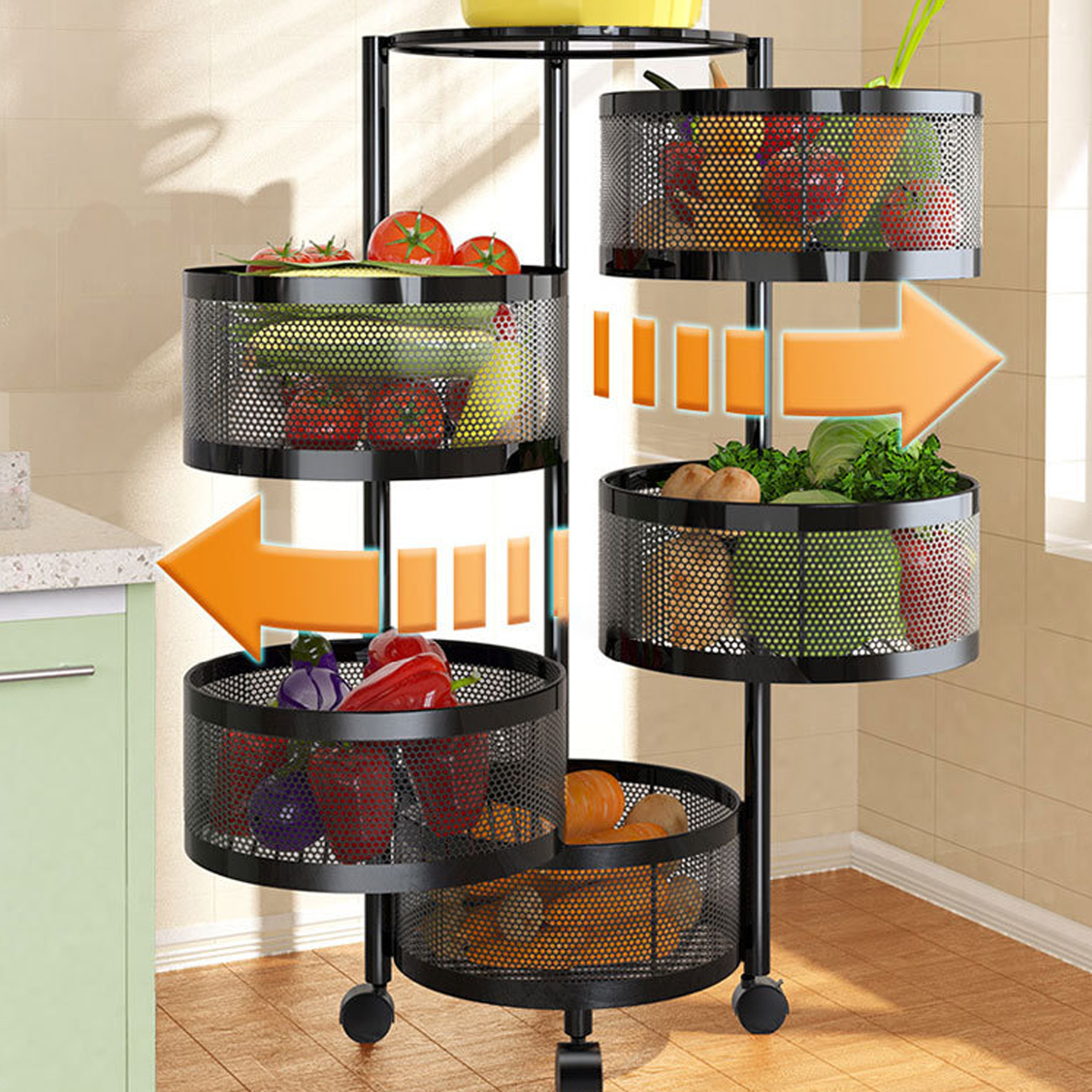 5 Tier Metal Storage Rack for Kitchen Accessories - Sturdy Fruit Basket, Storage Holders & Racks, Kitchen Shelf Carton Iron