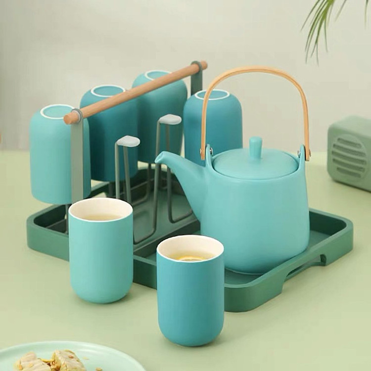 New arrival party green ceramic tea set custom matte modern coffee tea cup set with tea pot