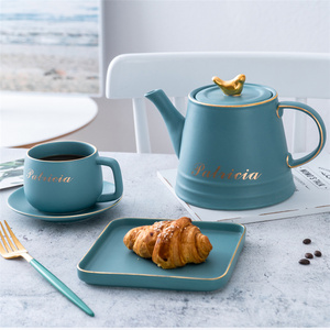 Nordic custom wholesale restaurant household blue matte ceramic latte coffee tea set with teapot