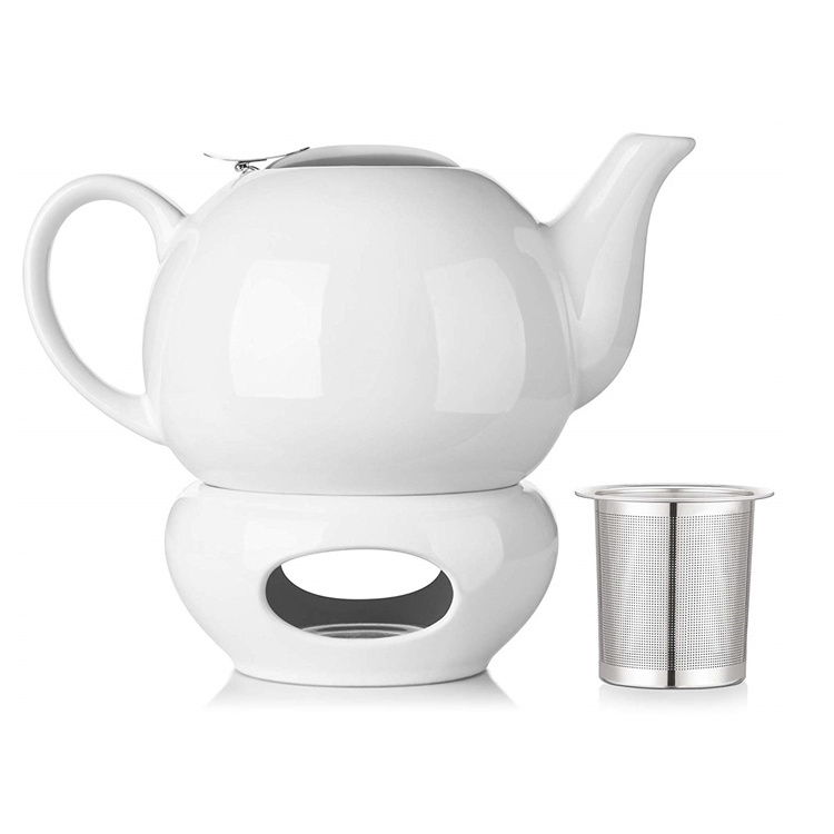 Elegant afternoon tea stylish white porcelain teapot with infuser and candle warmer