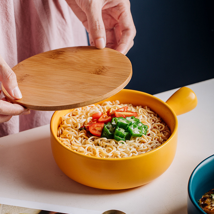 Custom logo tableware popular porcelain instant noodles ramen bowl with wooden lid