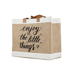 Wholesale Cheap Reusable Custom Logo Printed Grocery Shopping Tote Jute Bag With Leather Handle Large Hemp Burlap