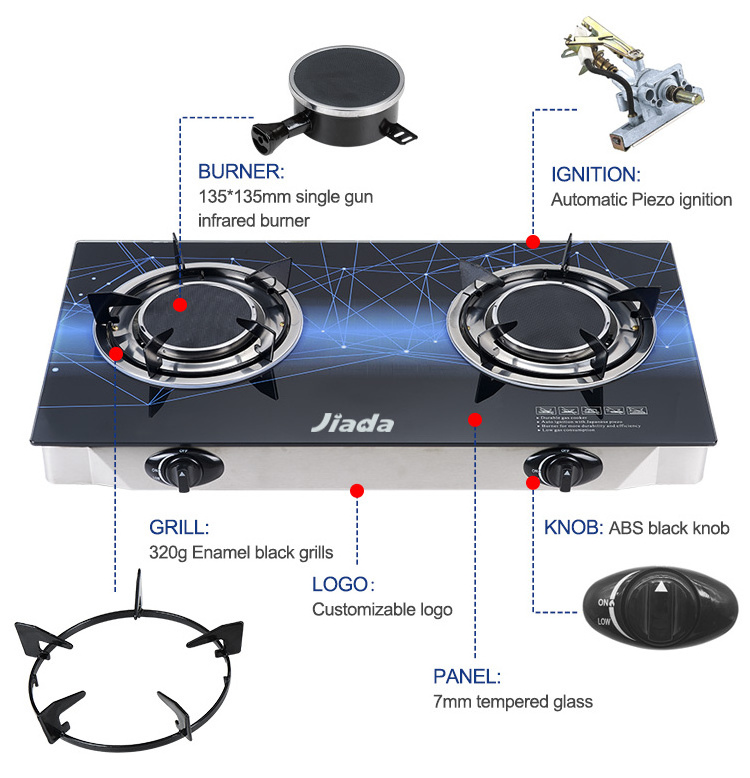 China portable kitchen two gas burners gas cooker 2 burner tempered glass table top gas stoves