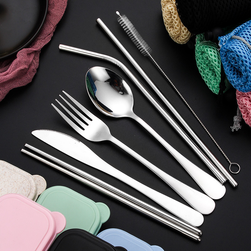 304 Stainless steel dinner set tableware set portable travel cutlery set with wheat box 7pcs