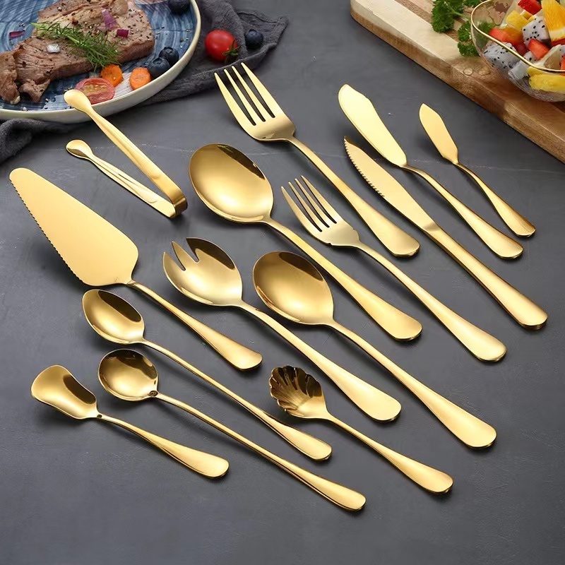 Bulk Luxury Gold Stainless Steel Cutlery Set Service Knife Fork Spoon Serving Flatware Set