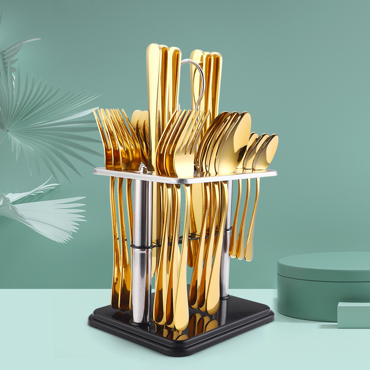 Knife Spoon Fork Set Gold Plating Cutlery 24PCS Stainless Steel Flatware sets Cutlery  Set with storage rack