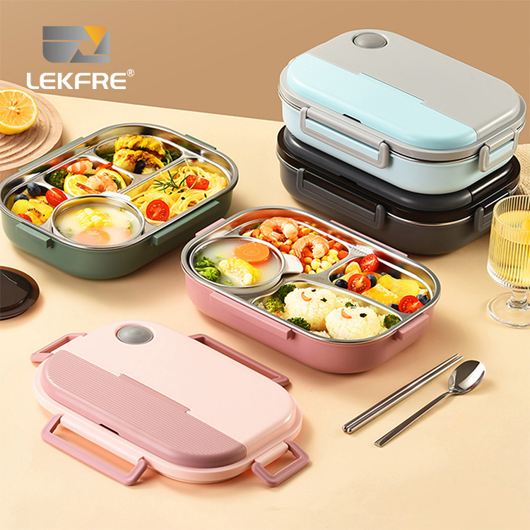 4-Compartment SUS 304 Stainless Steel Tiffin Bento Box Leak-Proof Plastic Lid Microwave Safe Takeaway Lunch box for children