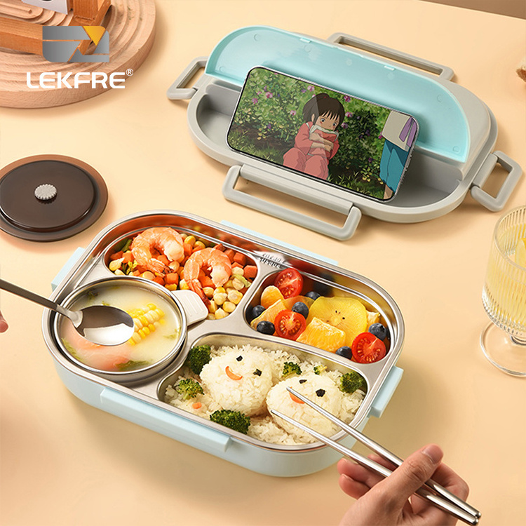 4-Compartment SUS 304 Stainless Steel Tiffin Bento Box Leak-Proof Plastic Lid Microwave Safe Takeaway Lunch box for children