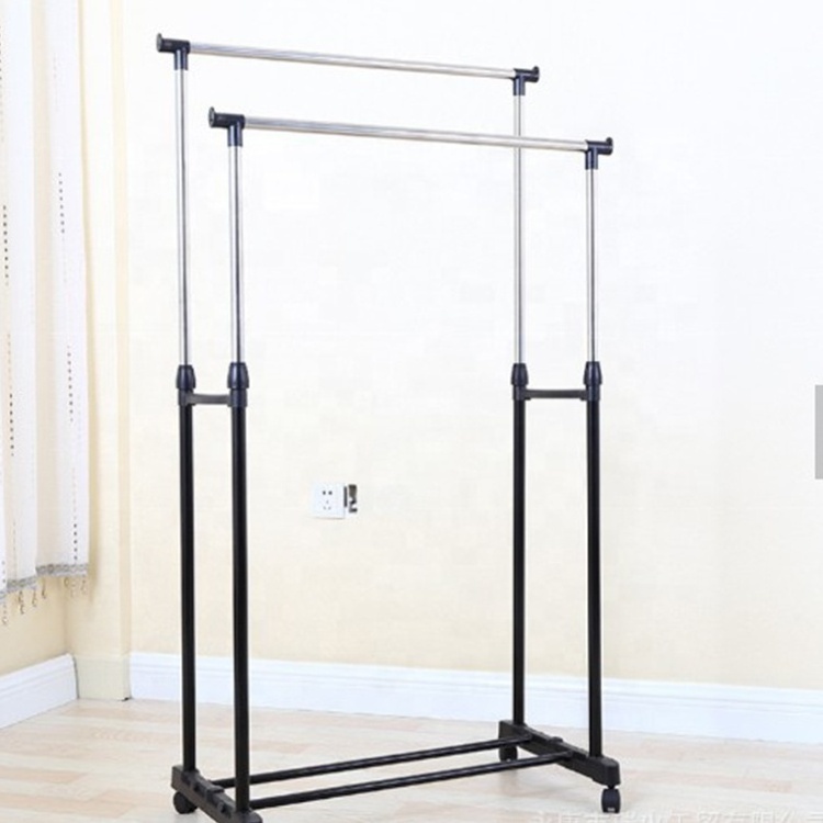 Double Rail Adjustable Rolling Garment Rack with Bottom Shelf and Wheels Dry Clothes Rack