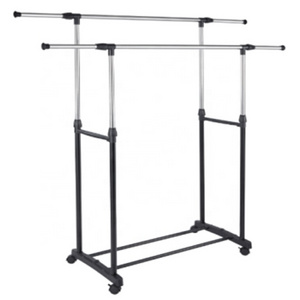 Double Rail Adjustable Rolling Garment Rack with Bottom Shelf and Wheels Dry Clothes Rack