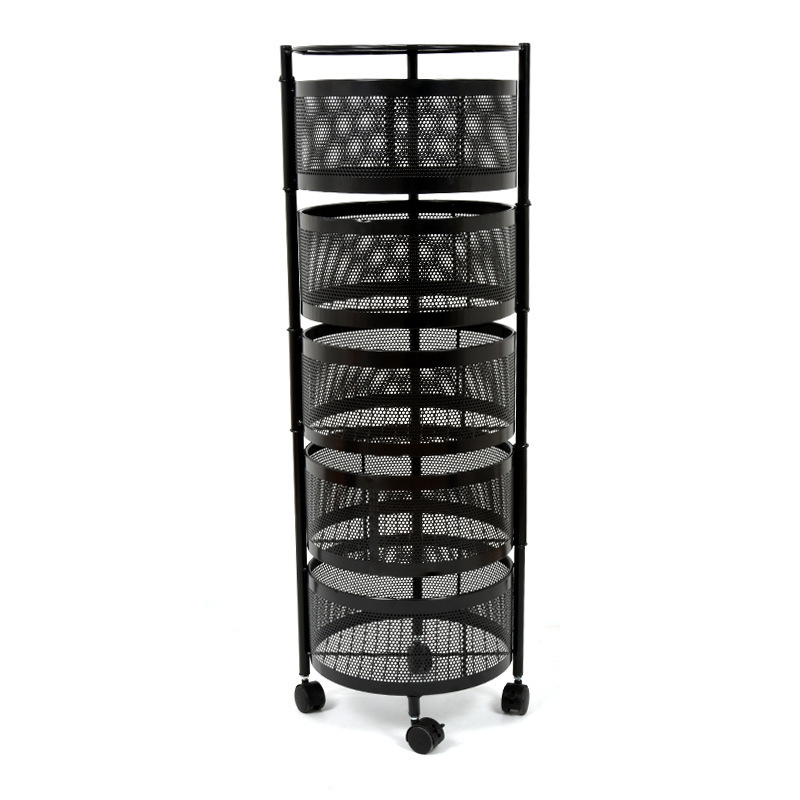 Kitchen Fruit Vegetable Basket Round Rotating Rolling Utility Cart, 5 Tier Stackable Wire Storage Rack with Wheels for fruit