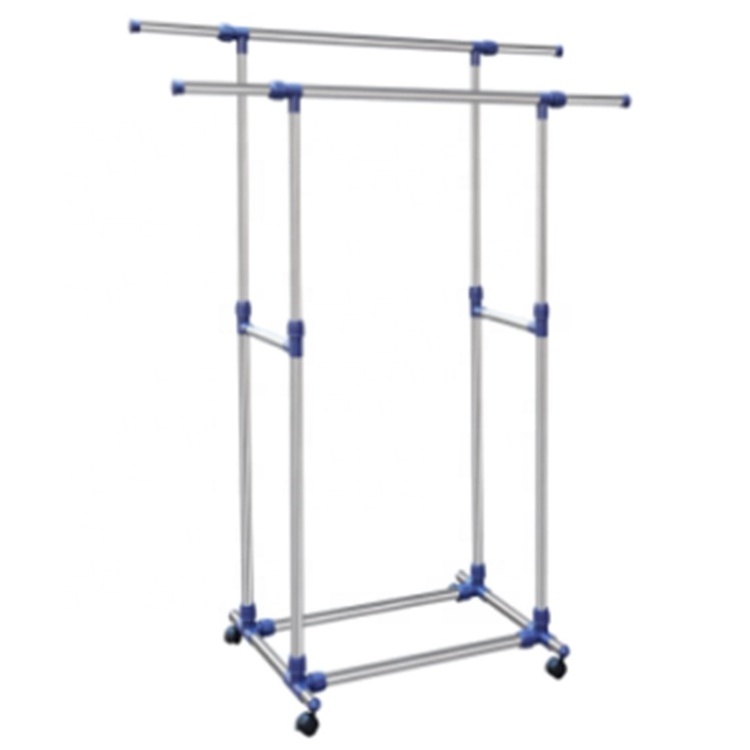 Double Rail Adjustable Rolling Garment Rack with Bottom Shelf and Wheels Dry Clothes Rack