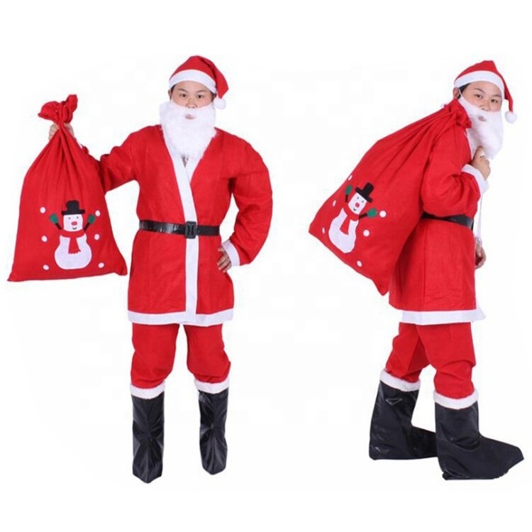 Santa Claus Costume Set Bulk Red Mascot People Kids Costumes Non Woven Long Sleeves Christmas with Hat Belt Beard for Adult Men