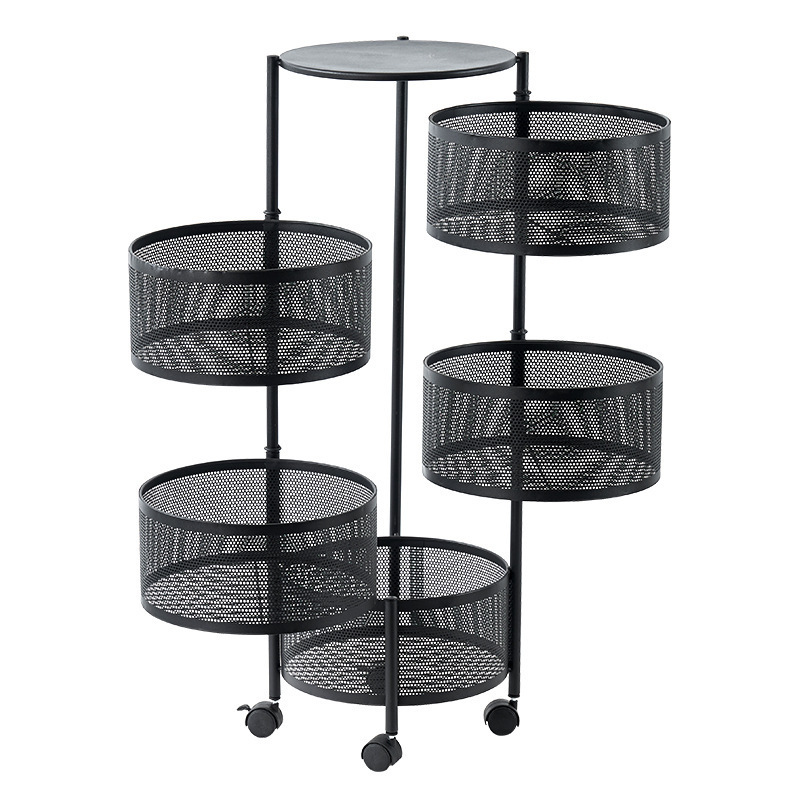 Kitchen Fruit Vegetable Basket Round Rotating Rolling Utility Cart, 5 Tier Stackable Wire Storage Rack with Wheels for fruit