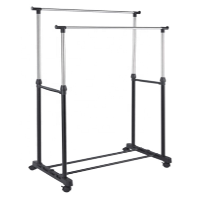 Double Rail Adjustable Rolling Garment Rack with Bottom Shelf and Wheels Dry Clothes Rack