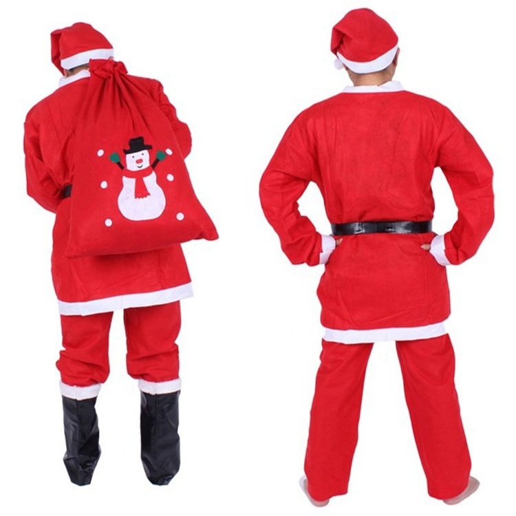 Santa Claus Costume Set Bulk Red Mascot People Kids Costumes Non Woven Long Sleeves Christmas with Hat Belt Beard for Adult Men