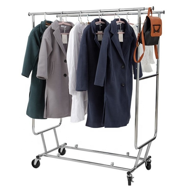 Portable Clothing Garment Rack on Wheels Multi Functional Double Poles Cloth Stand Hanger