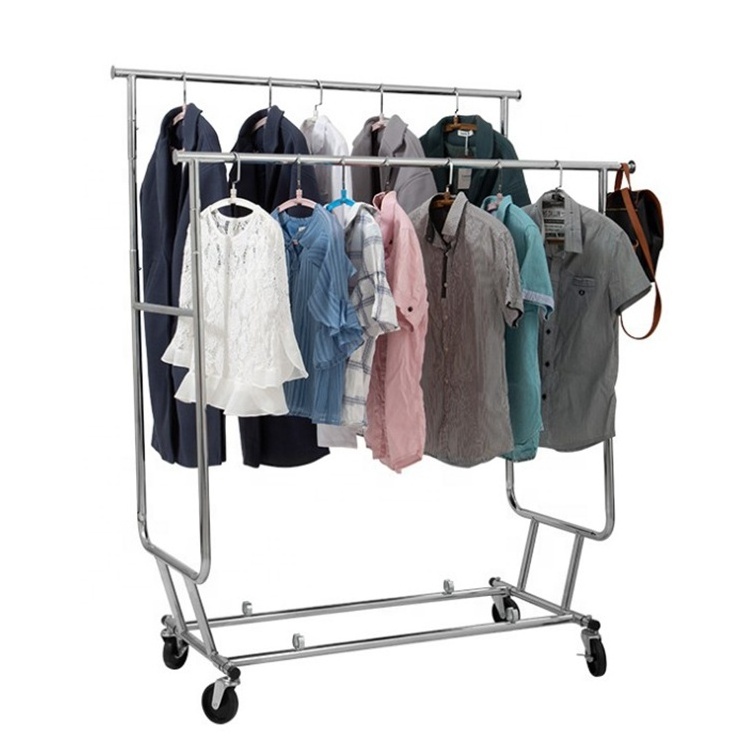 Portable Clothing Garment Rack on Wheels Multi Functional Double Poles Cloth Stand Hanger