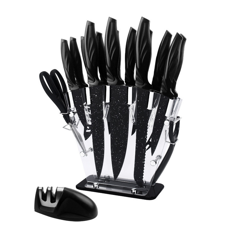 Wholesale 17 piece Premium German Stainless steel kitchen knives knife set With Acrylic Block Sharpener