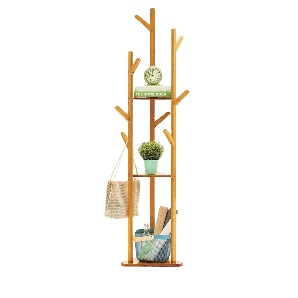 Bamboo Tree Garment Clothes Coat Hat Umbrella Portable Hanger Stand Rack with 3-Tier Storage Shelves and Hooks