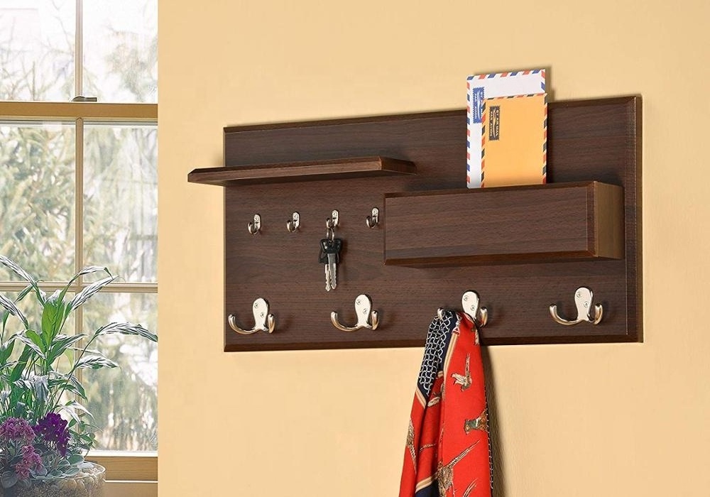 Bamboo Wall Mounted Entryway Coat Rack Mail Envelope Storage and Key Holder