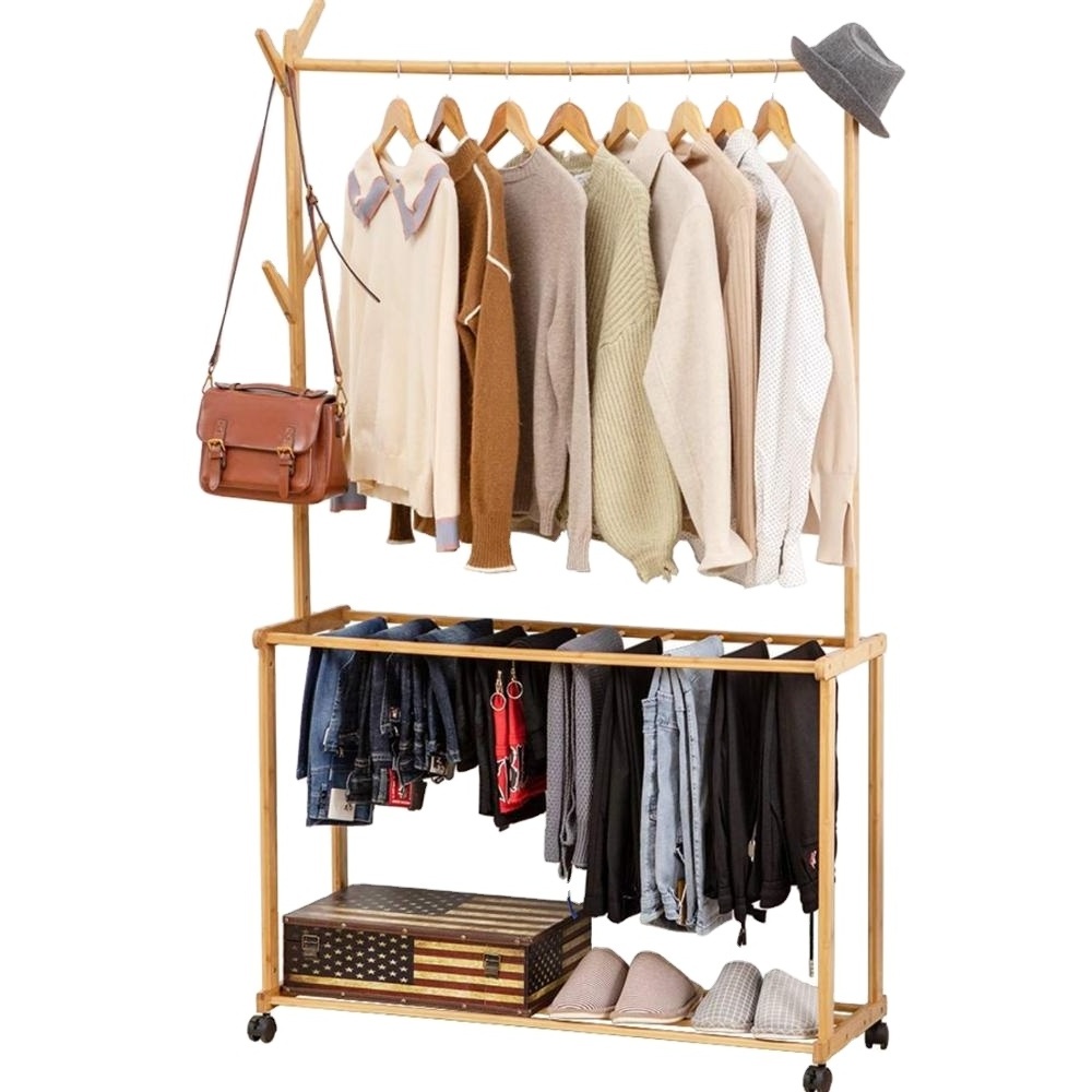 Wooden Bamboo Rolling Garment Clothes Bamboo Laundry Rack with 4 Tree Stand Coat Hooks Hanger