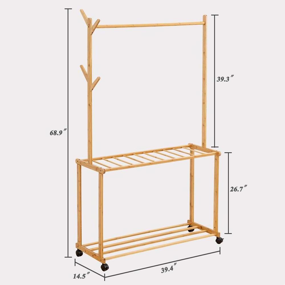 Wooden Bamboo Rolling Garment Clothes Bamboo Laundry Rack with 4 Tree Stand Coat Hooks Hanger