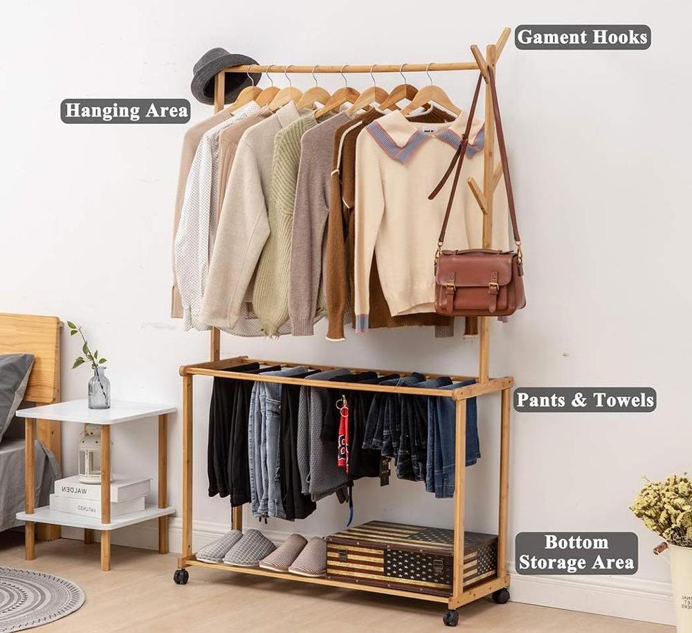 Wooden Bamboo Rolling Garment Clothes Bamboo Laundry Rack with 4 Tree Stand Coat Hooks Hanger