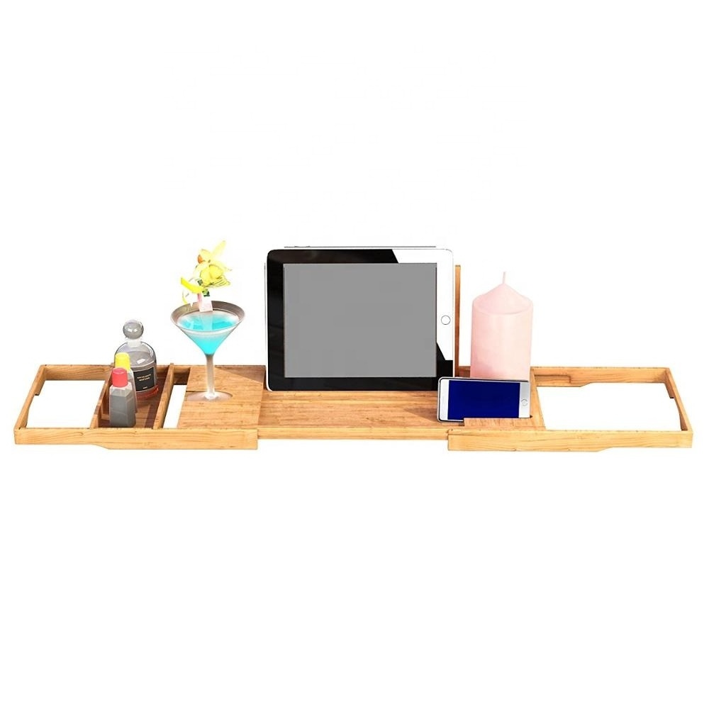 Bamboo Wood Bathtub Caddy Tray with Mirror Adjustable Bathtub Tray Holder with Extending Sides Bath Tub Shelf Across Tub