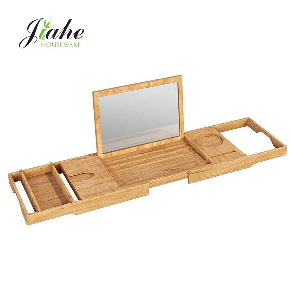 Bamboo Wood Bathtub Caddy Tray with Mirror Adjustable Bathtub Tray Holder with Extending Sides Bath Tub Shelf Across Tub