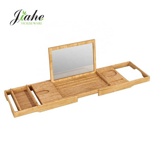 Bamboo Wood Bathtub Caddy Tray with Mirror Adjustable Bathtub Tray Holder with Extending Sides Bath Tub Shelf Across Tub