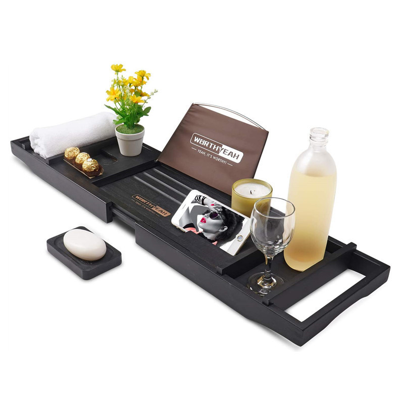 Luxury Bathtub Caddy Bamboo Bath Tub Tray with Extending Sides Shower Organizer Black Color