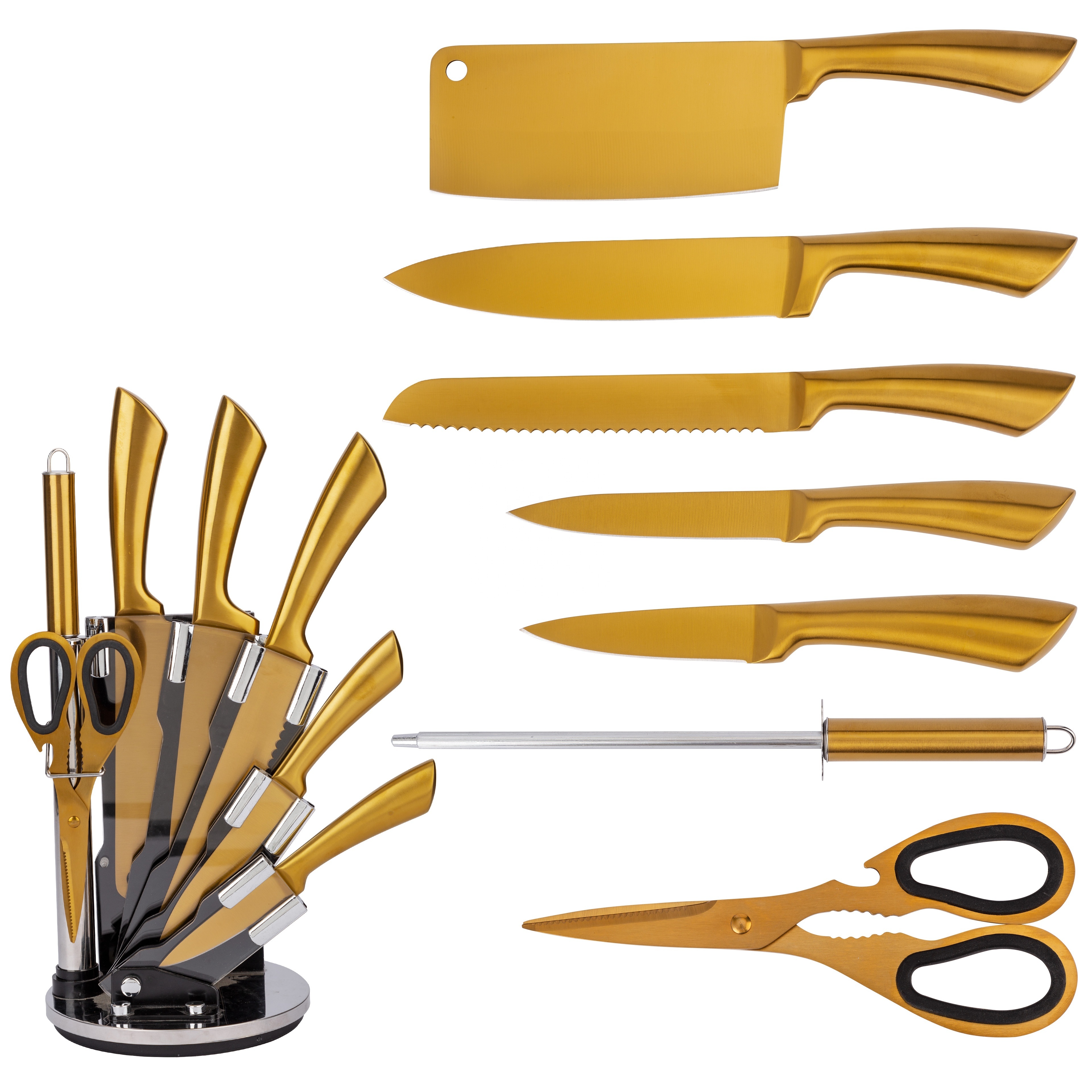 Wholesale Golden Kitchen Knife Set Stainless Steel Blade  With Gold Titanium Coated Chef Knife Set