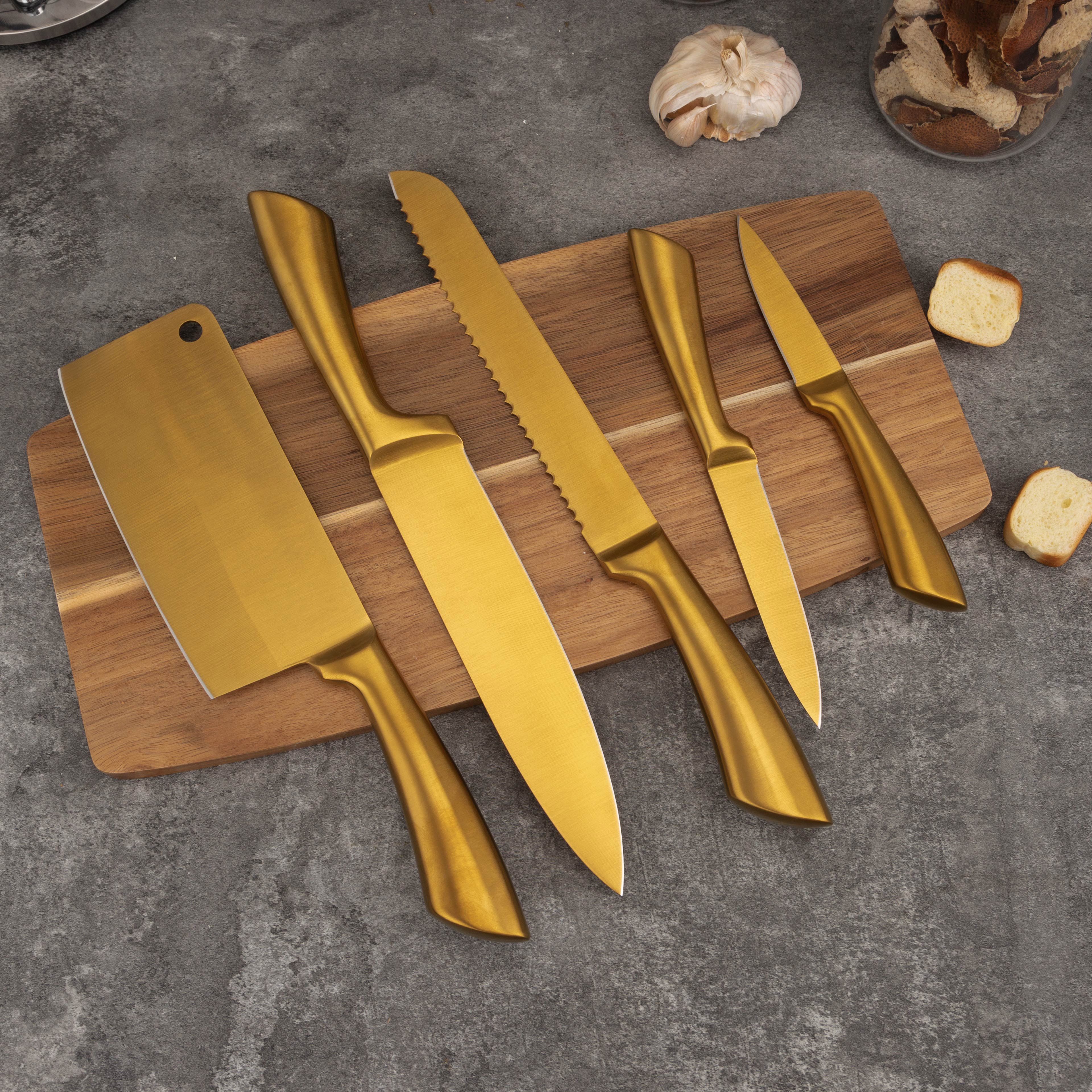 Wholesale Golden Kitchen Knife Set Stainless Steel Blade  With Gold Titanium Coated Chef Knife Set