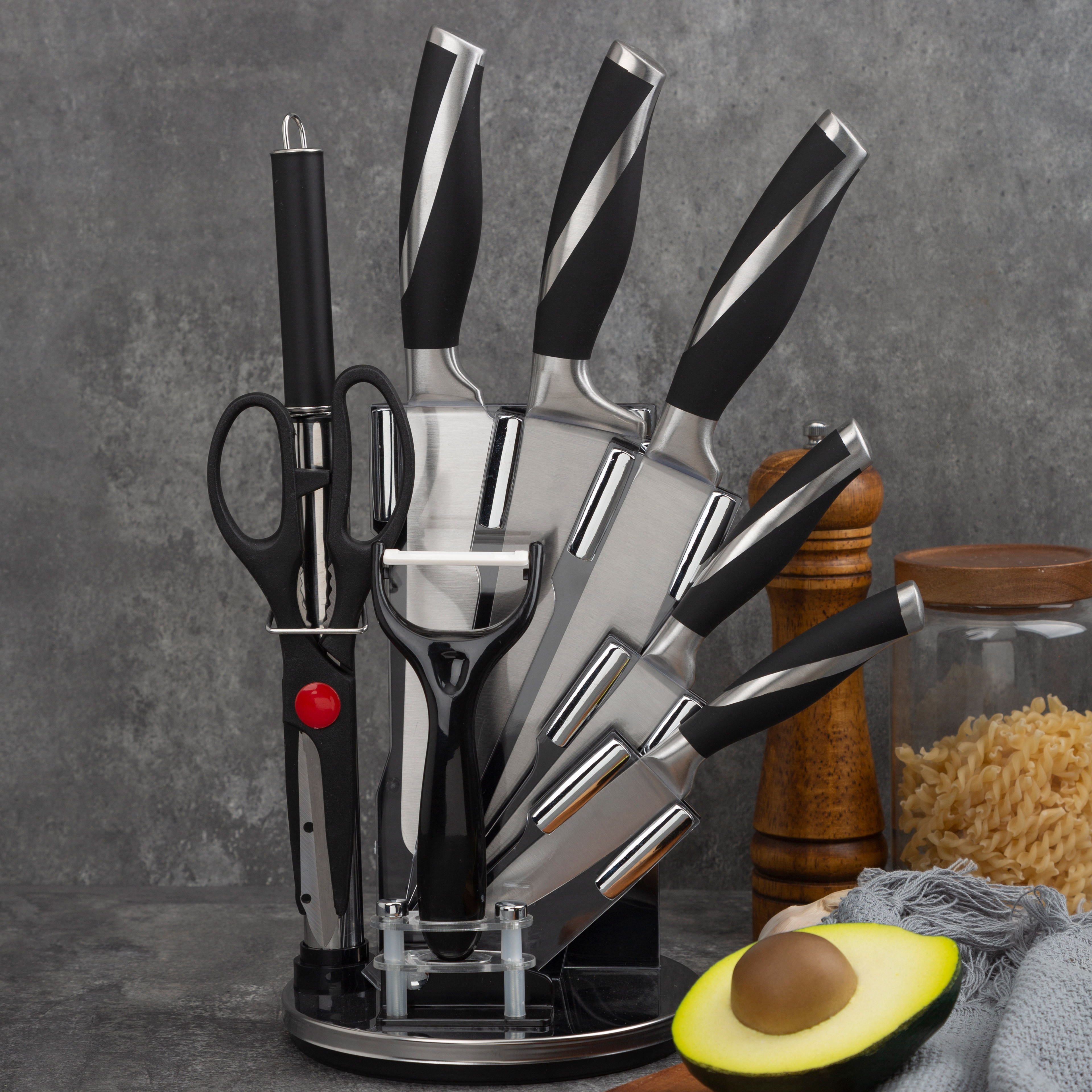 New Design 9 Piece High Quality Carbon Stainless Steel Kitchen Knife Set With Sharpener Acrylic Knife Set Block