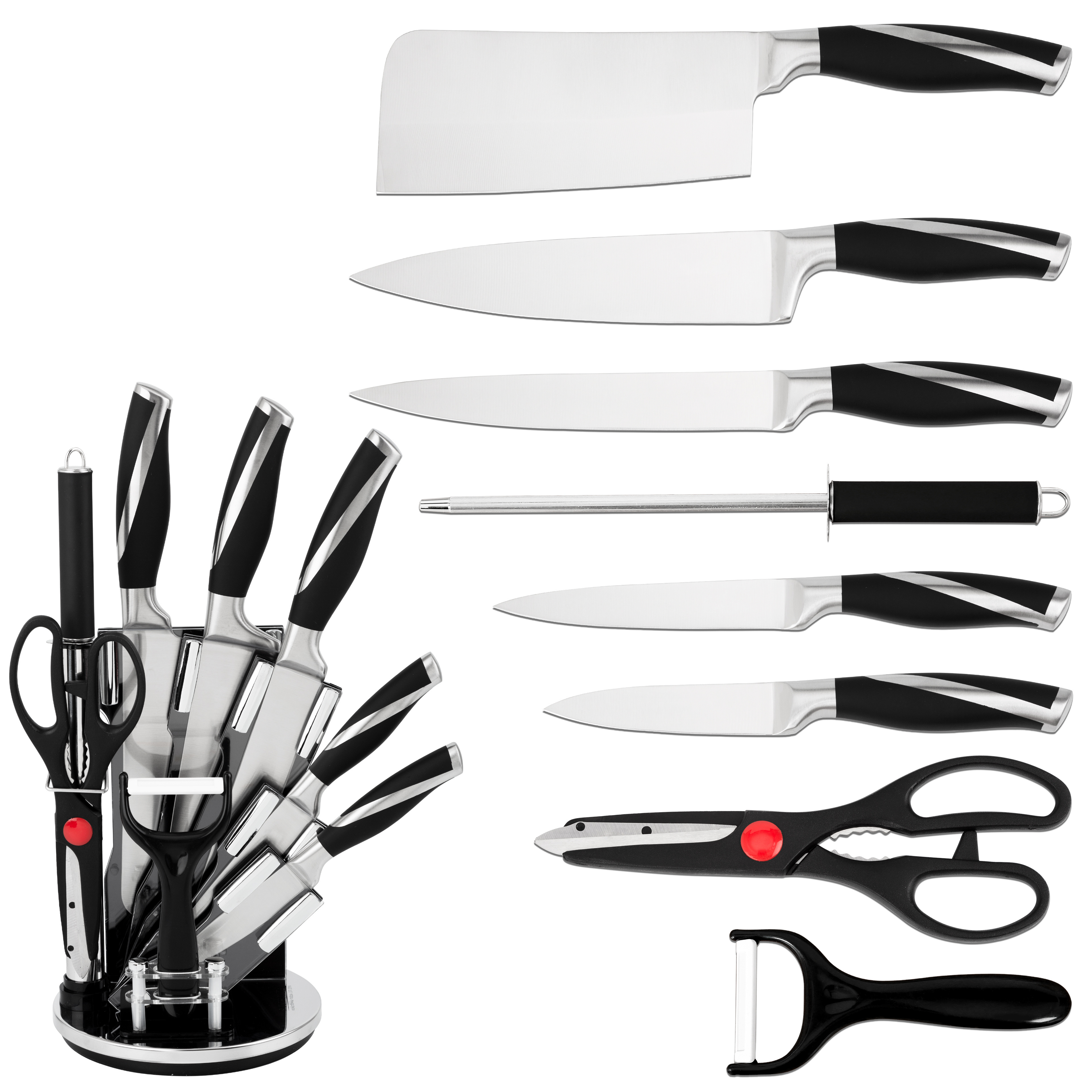 New Design 9 Piece High Quality Carbon Stainless Steel Kitchen Knife Set With Sharpener Acrylic Knife Set Block