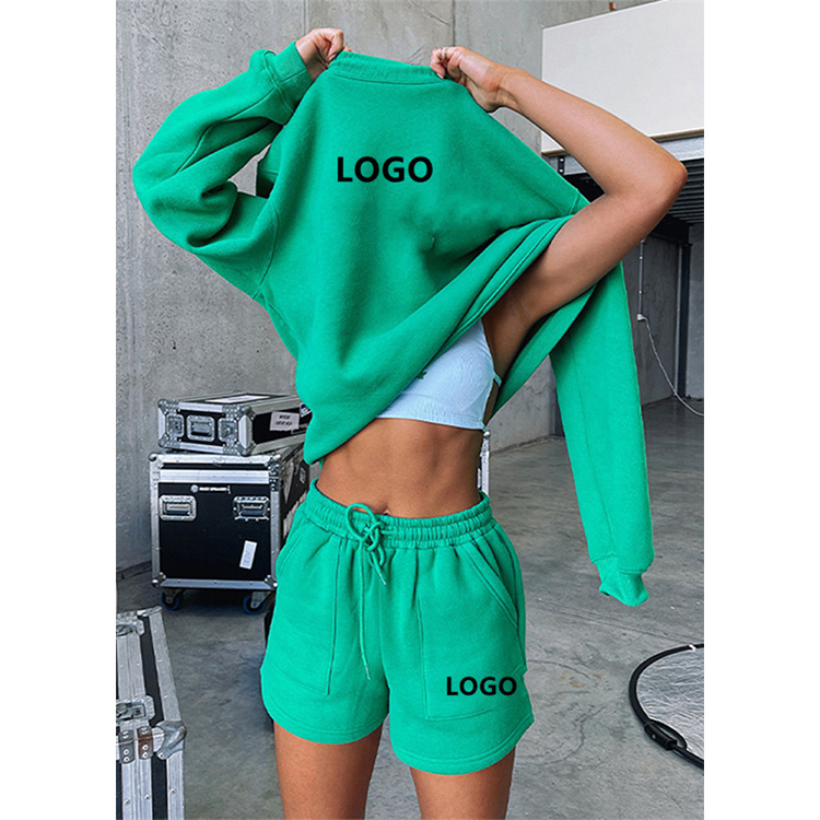 Custom logo women crewneck sweatshirt sweat suit set summer 2 piece set women oversize sweatsuit  and shorts set